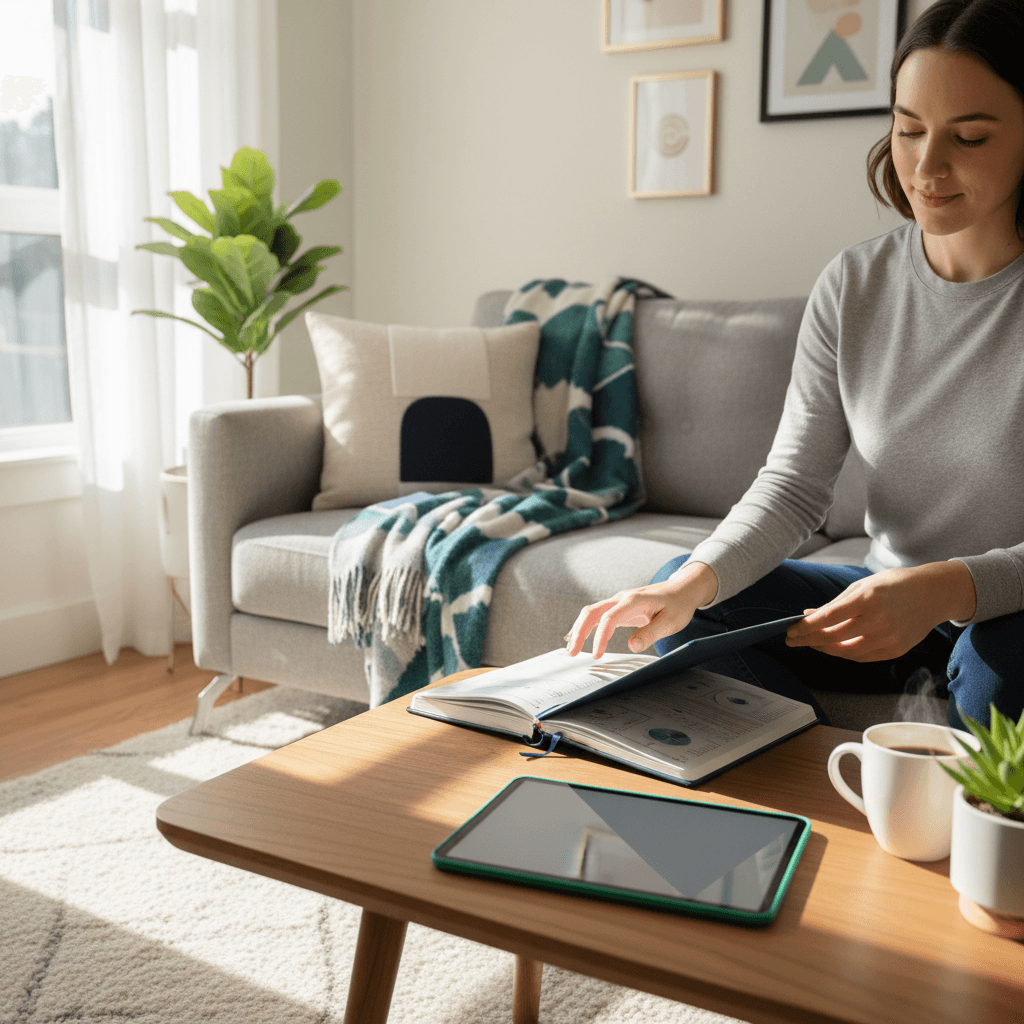 Pessoa revisando anotações financeiras com um tablet em casa.